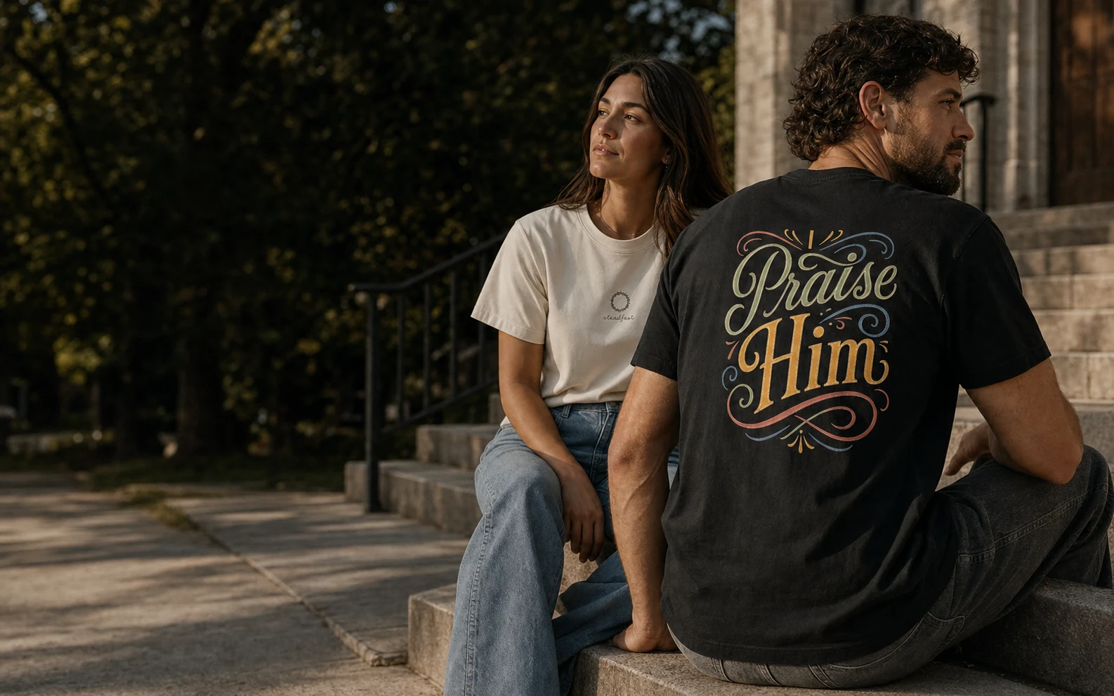 Two people wearing the Praise Him and Steadfast tees on Tennessee church steps